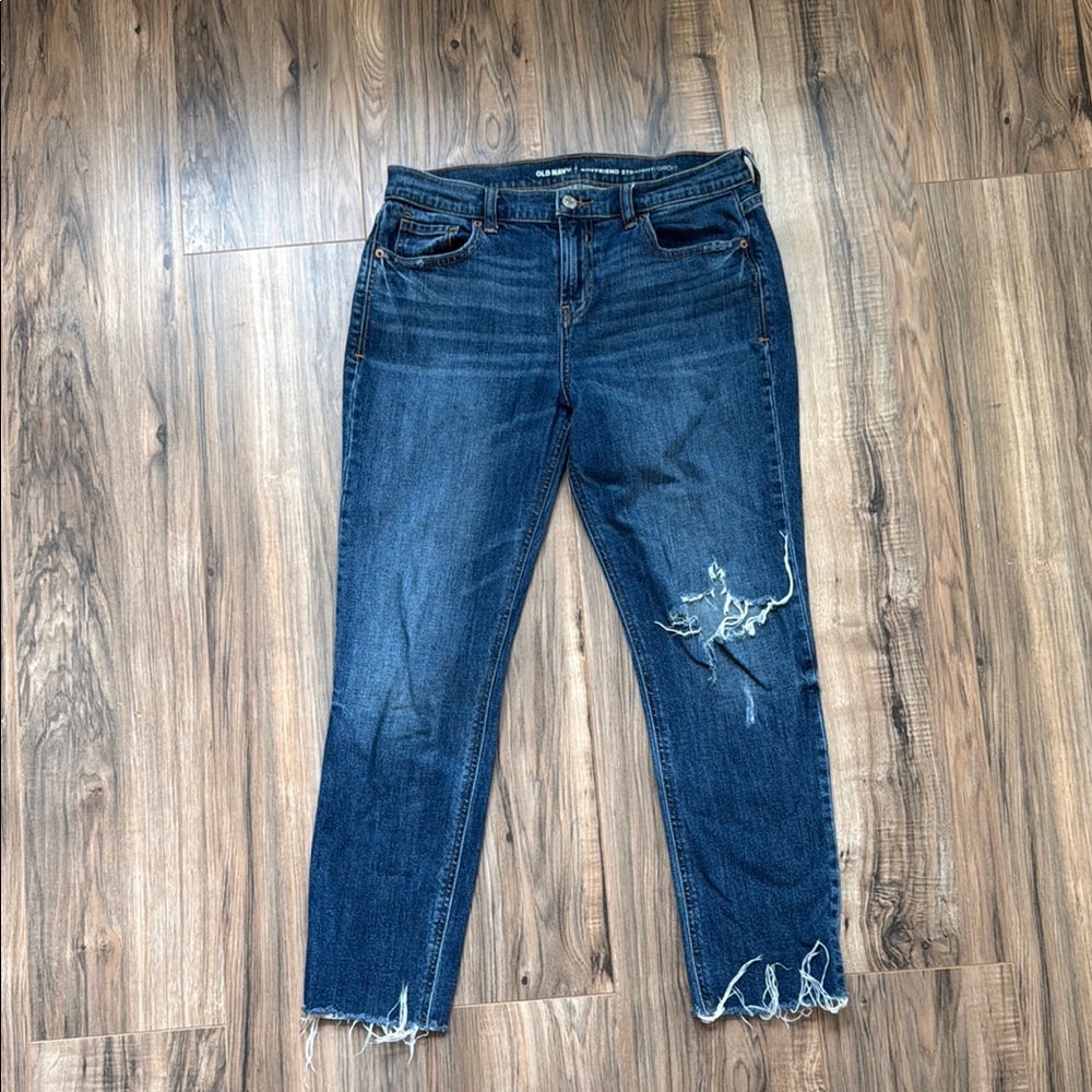 Old Navy Women's Distressed Dark Blue Boyfriend Jeans